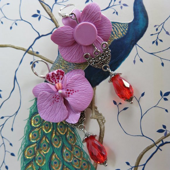 NEW Pink Orchid Flower Red Crystal Earrings - Picture 2 of 4